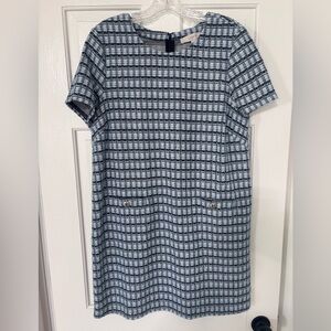 LOFT Blue and White Textured Tweed Plaid Dress